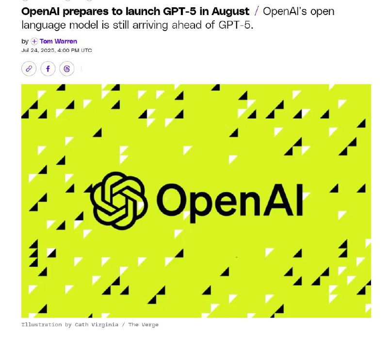 ⚡️OpenAI выпустят GPT-5 уже В АВГУСТЕ — до запуска самой передовой модели осталось всего пара недель. ⚡️OpenAI выпустят GPT-5 уже В АВГУСТЕ — до запуска самой передовой модели осталось всего пара недель.