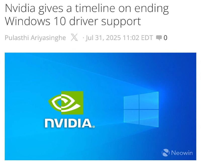 ⚡️Nvidia прекратит поддержку Windows 10 в октябре 2026 года ⚡️Nvidia прекратит поддержку Windows 10 в октябре 2026 года