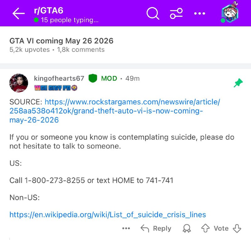 На главном реддит-треде по переносу GTA VI закрепили номер горячей линии по предотвращению самоубийств На главном реддит-треде по переносу GTA VI закрепили номер горячей линии по предотвращению самоубийств