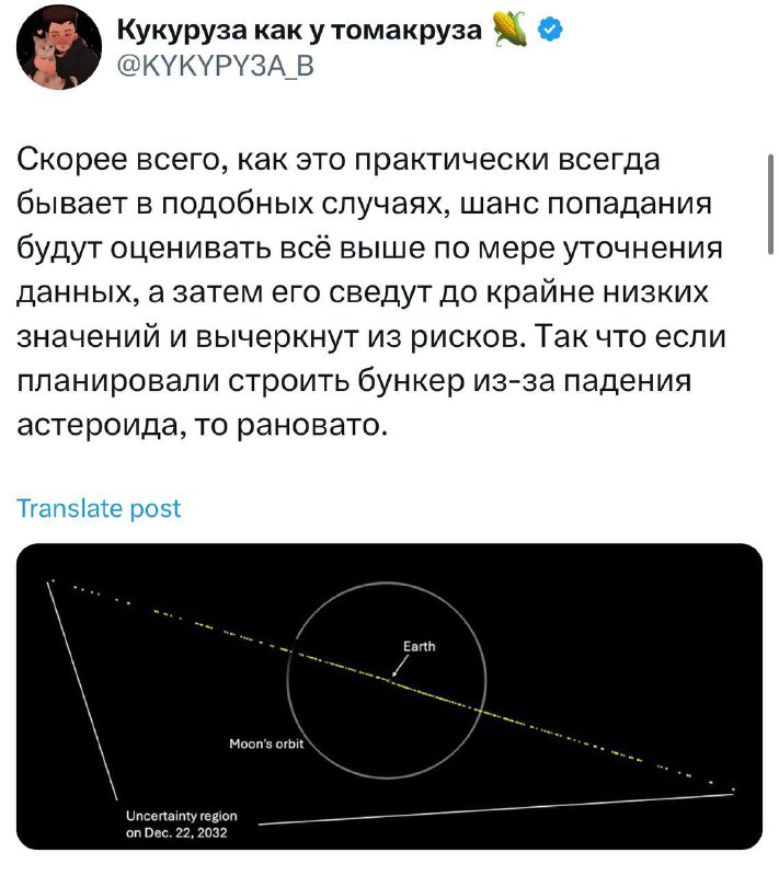 Отменяем панику: астероид YR4 вряд ли уничтожит Землю в 2032 году. Любитель астрономии написал большой тред о последних новостях. Отменяем панику: астероид YR4 вряд ли уничтожит Землю в 2032 году. Любитель астрономии написал большой тред о последних новостях.
