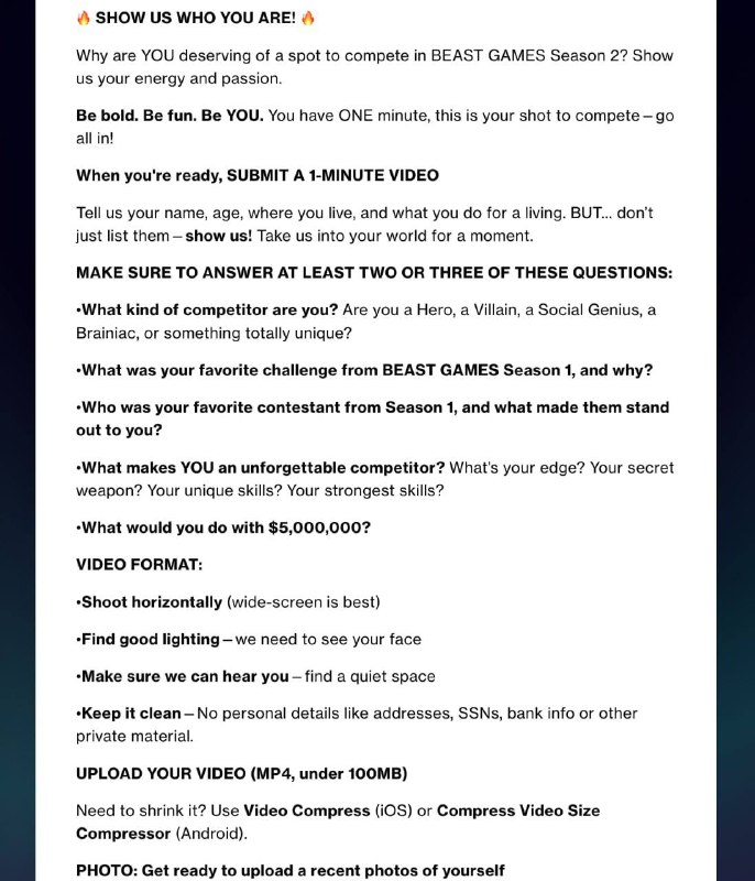 MrBeast объявил кастинг на второй сезон Beast Games. MrBeast объявил кастинг на второй сезон Beast Games.
