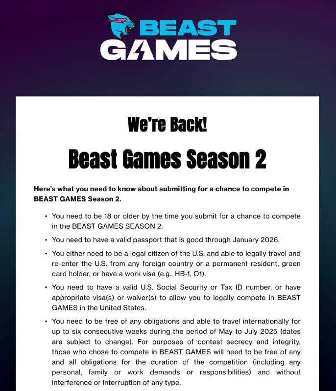 MrBeast объявил кастинг на второй сезон Beast Games. MrBeast объявил кастинг на второй сезон Beast Games.