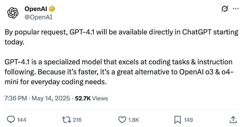 GPT-4.1 добавили в ChatGPT — это одна из лучших нейронок OpenAI для написания кода. Раньше она была доступна только для сторонних приложений GPT-4.1 добавили в ChatGPT — это одна из лучших нейронок OpenAI для написания кода. Раньше она была доступна только для сторонних приложений