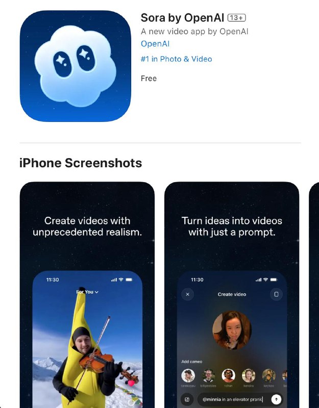 Внезапно: приложение Sora стало лидером американского App Store в разделе «Фото и видео». В общем рейтинге осталось обогнать только ChatGPT и Gemini. Внезапно: приложение Sora стало лидером американского App Store в разделе «Фото и видео». В общем рейтинге осталось обогнать только ChatGPT и Gemini.